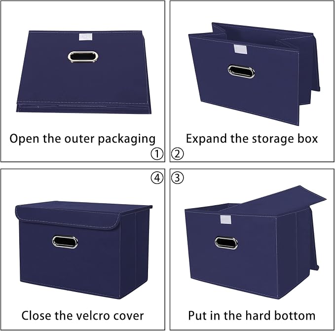 Linen Fabric Foldable Collapsible Storage Cube Bin Organizer Basket Fabric Storage Bins with Lid, Leather Handles, Removable Divider for Home, Closet,Navy Blue 3Pcs - Image 6