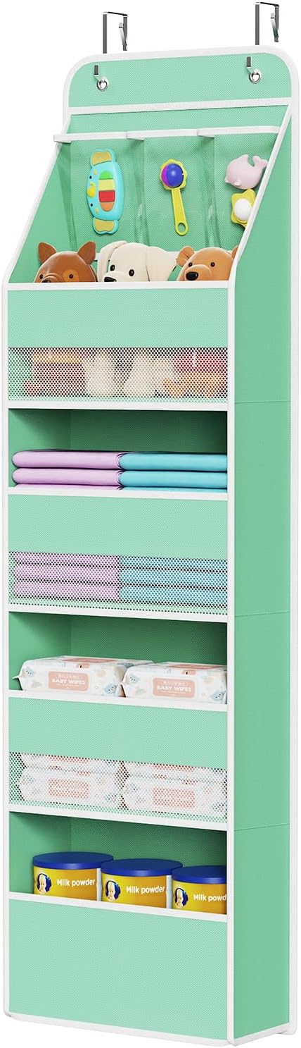 Univivi Fabric Over Door Hanging Organizer for Baby Nursery, Green, 5-Shelf | Door Storage with Large Capacity Breathable Mesh Pockets, Over Door Storage Organizer for Baby Essential, Bedroom, and Dorm by Univivi