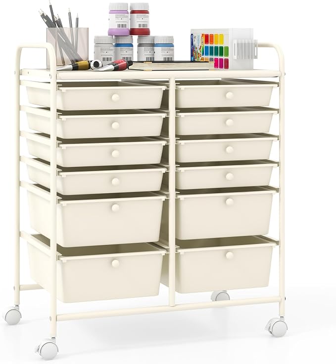 Giantex 12 Drawers Rolling Storage Cart, Classroom Organizers with Wheels for Tools Scrapbook Craft Paper Teacher Office School Supplies (Ivory) by Giantex
