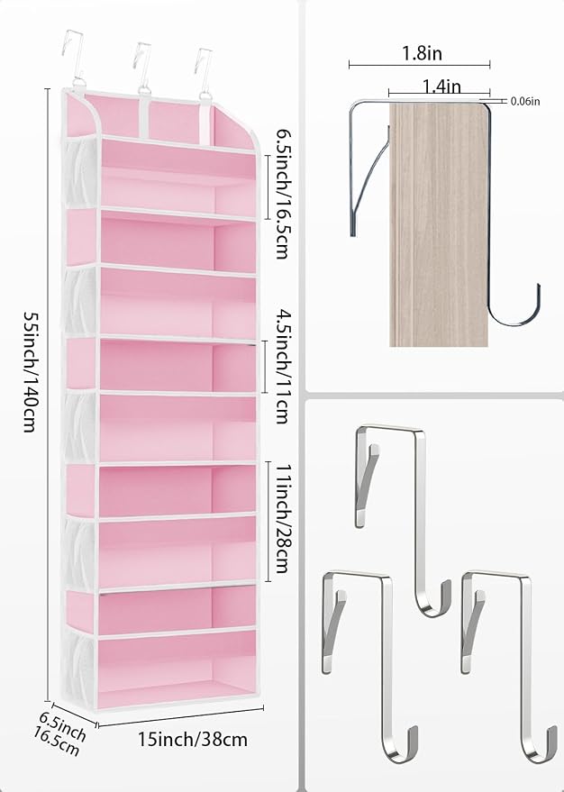 TAHAVICE 2 Pack Over the Door Storage Organizer with 5 Large Pockets | 44 lbs Weight Capacity & 10 Mesh Pockets Door Hanging Organizers and Storage for Bedroom,Bathroom,Nursery,Babyroom(Pink) - Image 6