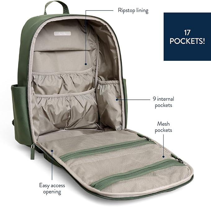 Itzy Ritzy Utility Diaper Bag Backpack, 17 Pockets w/Changing Pad (Green) | Travel-Ready Diaper Backpack with 2 Insulated Bottle Holders, Laptop Compartment, Trolley Sleeve, Straps, and Changing Pad - Image 4