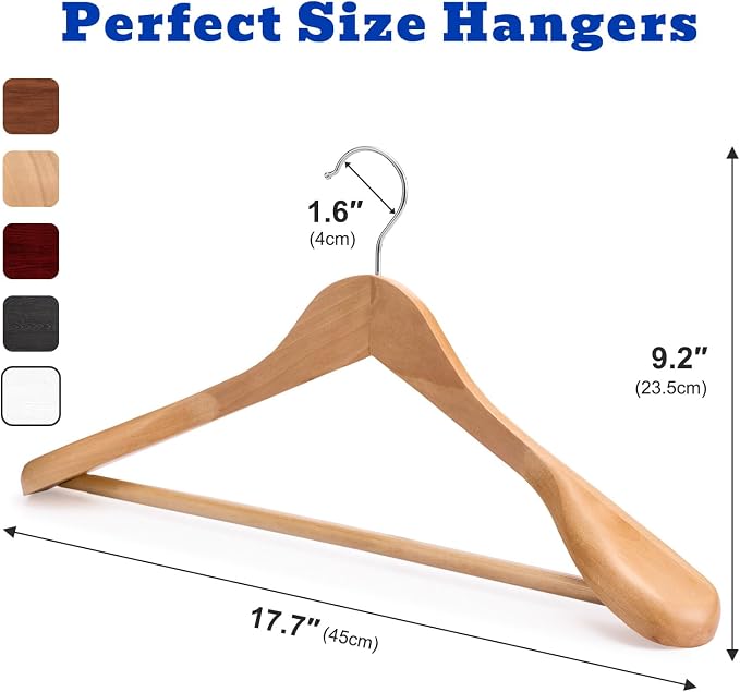 HOUSE DAY Wide Shoulder Wooden Hangers 12 Pack, Wood Suit Hangers for Men with Non Slip Pants Bar, Smooth Finish Solid Wood Coat Hanger for Jacket, Pants, Dress, Heavy Clothes Hangers (Natural) - Image 9