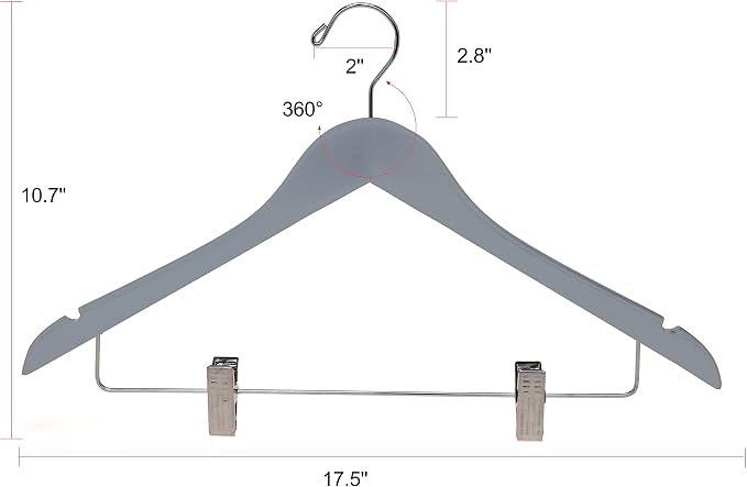 Quality Wooden Skirt Hangers with Clips, 20-Pack Smooth Solid Wood Pants Hangers with Durable Adjustable Metal Clips, Swivel Hook, Coat, Jacket, Blouse Suit Hangers (Gray, 20) - Image 6