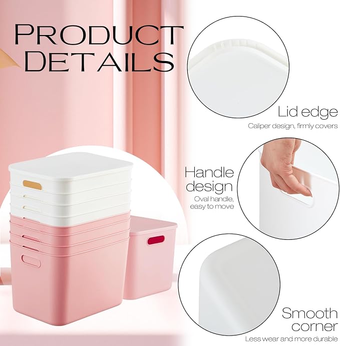 8 Pack Storage Bins, 14.2 X 10.2 X 9.5 Inch White and Pink | Plastic Stackable Containers with Lid Handle, For Shelves Desktop Playroom Office, Organizing Toys Books Supplies Storage - Image 3