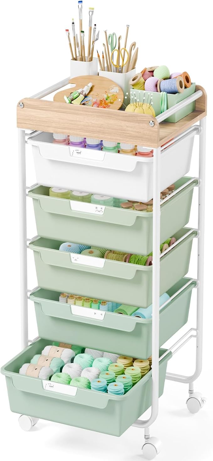 SYKIARIOL Rolling Storage Utility Cart with 5 Drawers,Green | Craft Cart with Wheels,Makeup Organizer,Art Supply And Storage Wooden Tabletop by SYKIARIOL