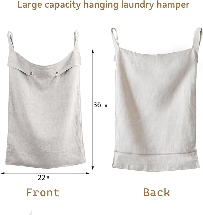 100% Linen Hanging Laundry Hamper Bag 22x36 Inch, Over the Door with 2 Buttons and Bottom Zipper Saving Space Wall Back organizers For Dirty Clothes Dorm Travel College Camp Sock big Capacity - Image 2