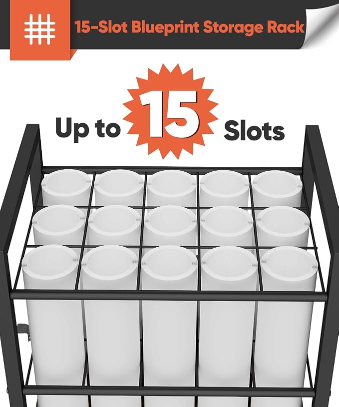 Blueprint Storage Rack Cart, 15 Slots Metal Rolling File Holder with Wheels & Adjustable Pads, Mobile Gift Wrapping Paper Organizer for Maps/Posters/Architectural Construction Plans, Black - Image 3