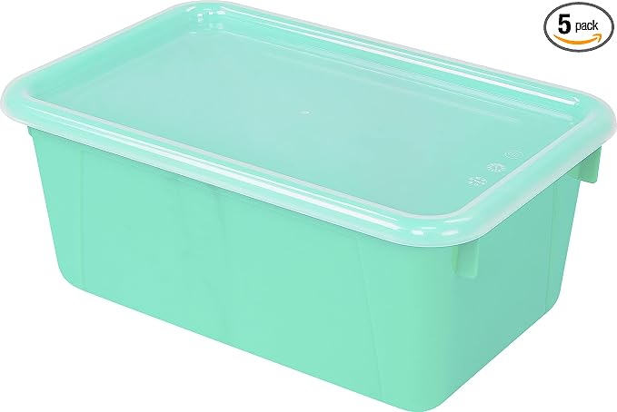 Storex Small Cubby Bins – Plastic Storage Containers for Classroom with Non-Snap Lid, 12.2 x 7.8 x 5.1 inches, Teal, 5-Pack (62412A05C) by Storex