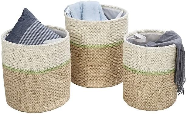 Honey-Can-Do Storage Basket 3 Piece Nesting Set with Handles, Natural Woven, Laundry Hamper, Multipurpose Basket for Bedroom, Bathroom, Blankets, Clothes, Toys, Books, Cabinets and More - Green/Beige - Image 2