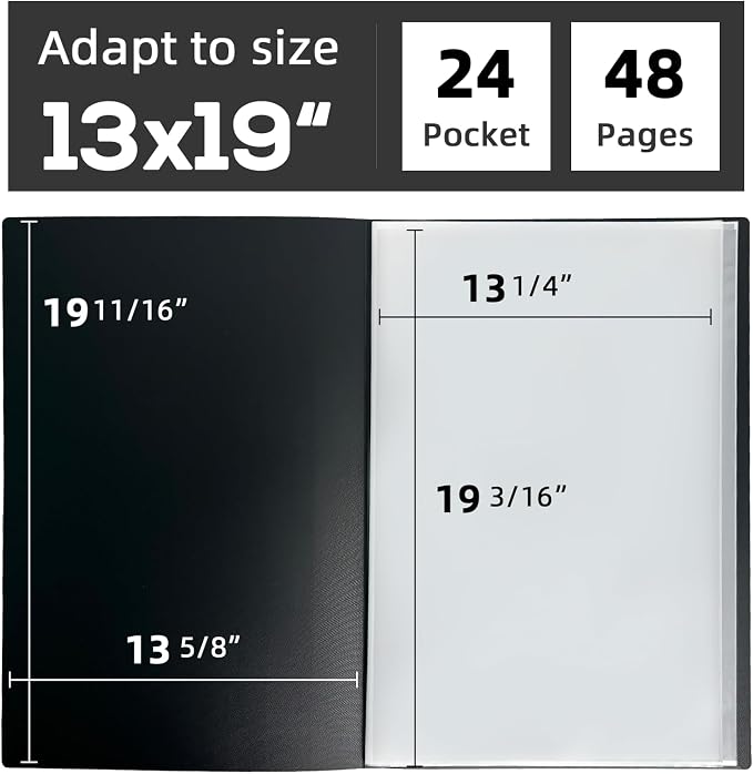13x19 Black Art Portfolio Folder Displaying 48 Pages with Plastic Sleeves | 24-Pocket Presentation Book Binder For Artwork Storage Featuring Dark Inner Paper Inserts Protective Document Archival Holder - Image 2
