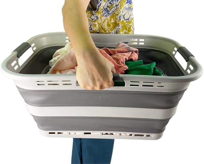 SAMMART Set of 2 Collapsible Plastic Storage Basket - Foldable Pop Up Storage Container - Portable Laundry Organizer - Space Saving Hamper (Grey, 42L (Style A)) - Image 6