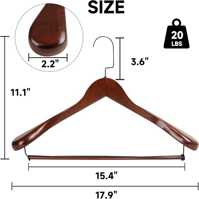 Wide Shoulder Wooden Hangers with Locking Bar, Walnut, 2-Pack | Non-Slip Suit Hangers with Flat-Head Hook for Suits, Jackets, Coats, Shirts, Outerwear and Heavy Clothes - Image 2