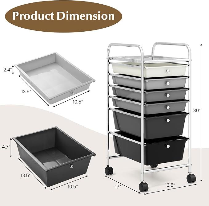 GOFLAME 6-Drawer Rolling Storage Cart, Multifunctional Art Craft Organizer Cart, Mobile Utility Storage Cart with Removable Drawers & Lockable Wheels, Craft Cart for Home Office, School, Gray Gradient - Image 3