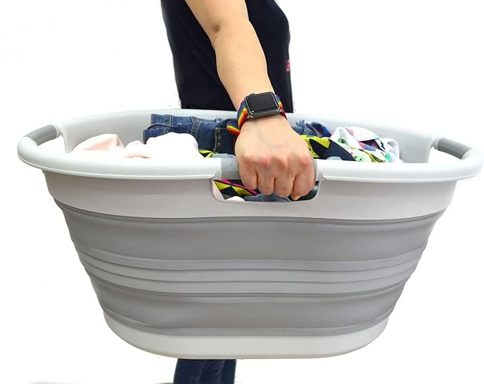 SAMMART 57L (15 Gallons) Collapsible 3-Handled Plastic Laundry Basket - Oval Tub - Portable Washing Tub-Space Saving Laundry Hamper, Water Capacity 44L / 11.6 Gallon (2, Grey/Grey) - Image 7