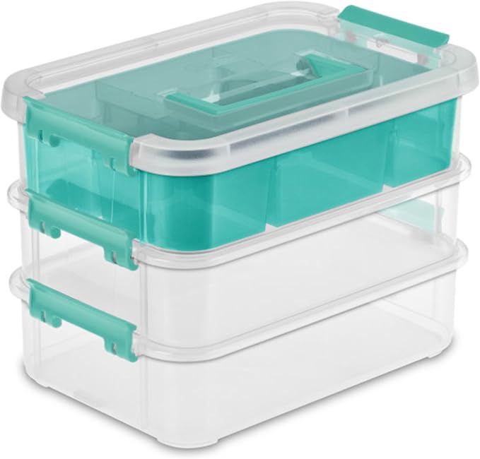 Sterilite 12 Pack Plastic Storage Box Container, 3 Layer, Stack and Carry, Clear/Blue - Image 8