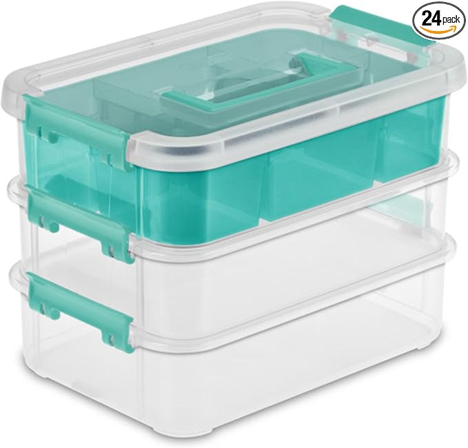 Sterilite 24 Pack Plastic Storage Box Container, 3 Layer, Stack and Carry, Clear/Blue by Sterilite