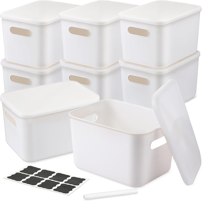 BBTO 8 Pcs White Plastic Storage Bins with Lids Organizing Container with Handle Stackable Containers for Organizing Including Labels and Marker for Table Organization, 10.2 x 7.3 x 6.5 Inch by BBTO