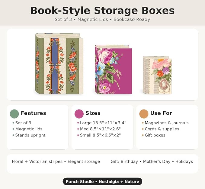 Punch Studio Decorative Storage Boxes with Lids | Nested Book Style Set of 3 Coated Cardboard Keepsake Box for Photos Documents Gifts Home Organization, 11” x 13.5” – Timeless Treasures Floral - Image 9