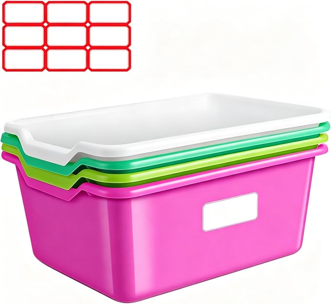 4 Pack Plastic Cubby Bins, Stackable Storage Bins with Adhesive Label Toy Book Organizer Baskets for Classroom, Library, Playroom, Home & Office Organization (Four colors) by Unknown