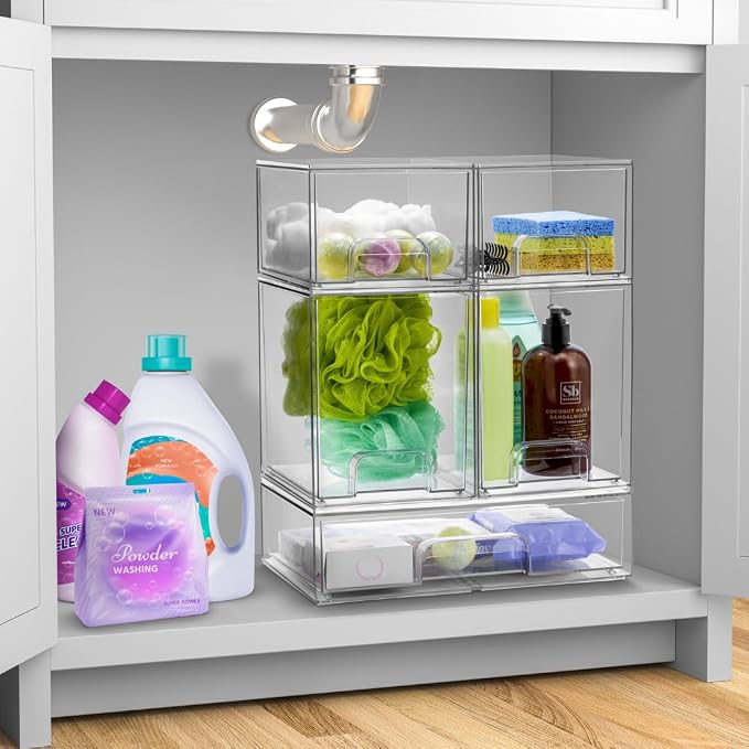 Sorbus Clear Stackable Storage Drawers (3 Pack, 4.4'' Tall and 12.1'' Wide) | Acrylic containers with pull-out bins keep cosmetics, brushes and daily items sorted on bathroom counters or in cabinets. - Image 2