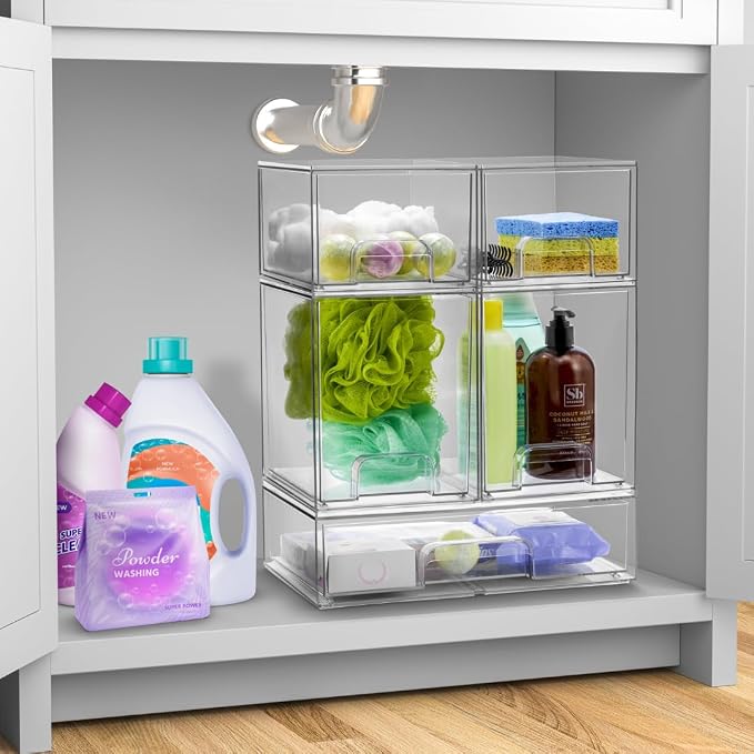 Sorbus Clear Stackable Storage Drawers (2 Pack, 7.6'' and 4.4'' Tall) | Acrylic containers with pull-out bins keep cosmetics, brushes and daily items sorted on bathroom counters or in cabinets. - Image 2