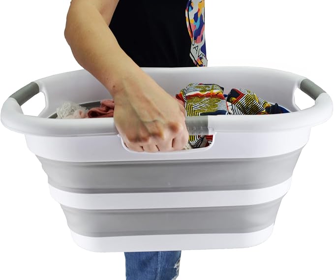 SAMMART 30L (7.9 gallon) Collapsible Plastic Laundry Basket - Foldable Pop Up Storage Container/Organizer - Portable Washing Tub - Space Saving Hamper/Basket (White/Grey (Set of 2)) - Image 7