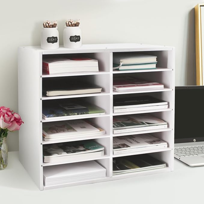 SONGWAY Desk Paper Storage Organizer - 12-Slot Literature Organizer with Adjustable Shelves, Countertop Mail Sorter Organizer, Desk File Sorter Organizer, Mailbox for Classroom Office, White - Image 8
