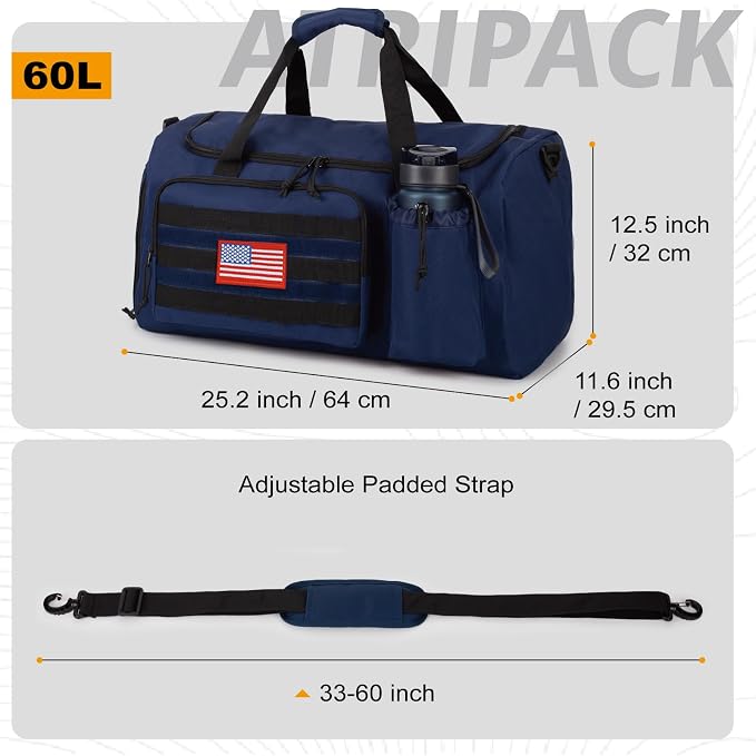 Tactical Gym Bag for Men, 60L Duffle Bag with Shoes Compartment for Travel | Water-Resistant Sports Weekender Bag with Adjustable Shoulder Strap Wet Pocket for Gym,Travel,Hiking,Camping Overnight Trips - Image 4