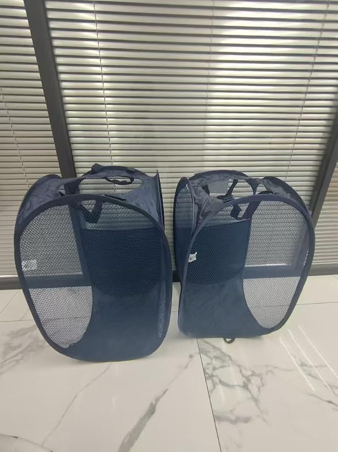 SUPNFOX 2Pack Mesh Collapsible Laundry Baskets, Pop up Laundry Hamper Bins,Folding Washing Basket with Handles for Clothes Tidy Storage-Navy - Image 8