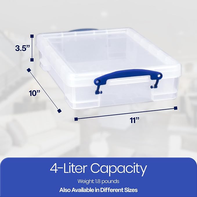 Really Useful Box 4 Liter Plastic Stackable Storage Container w/Snap Lid & Built-In Clip Lock Handles for Home & Office Organization, Clear (4 Pack) - Image 3