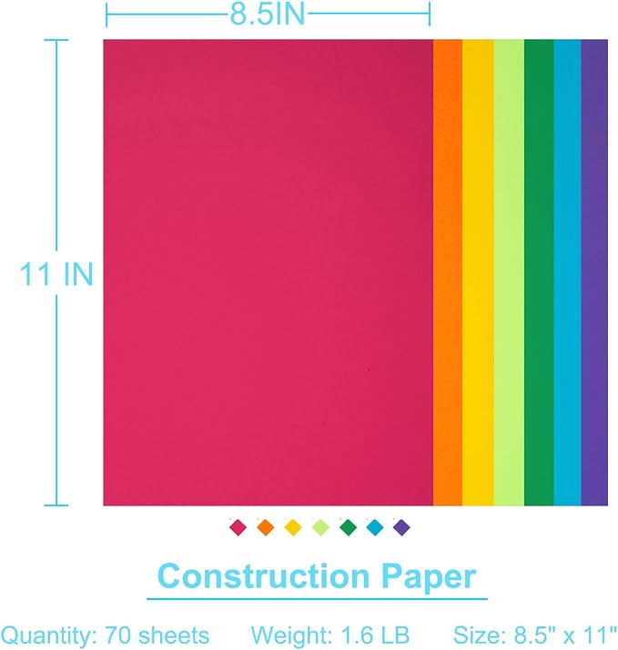 Construction Paper 8.5x11 in,70 Sheets,Set of 7 Colors Classic Rainbow 178GSM/65LB Heavyweight Construction Paper,Crafts,Arts,School Classroom Art Supplies Assorted Colors Bulk Paper - Image 4