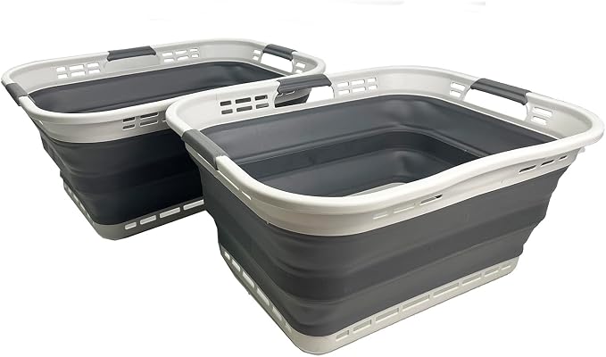 SAMMART 42L (11 Gallon) Set of 2 Collapsible Plastic Storage Basket - Foldable Pop Up Storage Container - Portable Laundry Organizer - Space Saving Hamper (Grey/Steel Grey, 42L (Style A)) - Image 3