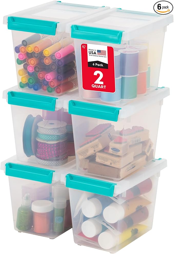 IRIS USA Storage Bins with Lids |Made in USA| 2 Qt Tall - (6-Pack) - Clear | Sensory Craft Organizers, Plastic Clip Box Totes, Flat Containers for Organizing Paper, Office, Art & Study Supplies by IRISUSA