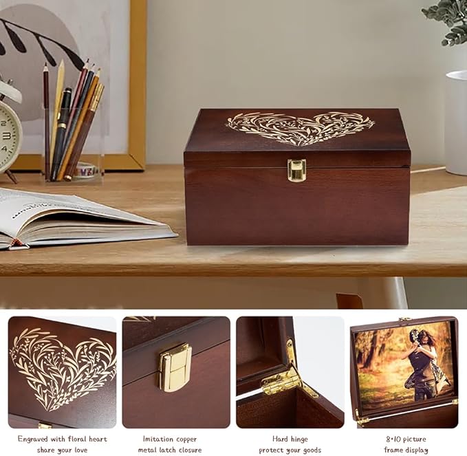 Larger Wooden Memory Keepsake Box with Hinged Lid & 8x10 Photo Frame Inside Lid – Decorative Storage Box With a Hinge Lids for Pictures, Letters & Time Capsule – Wooden Gift Box, 5.3” x 8.6” x 11.7” - Image 5