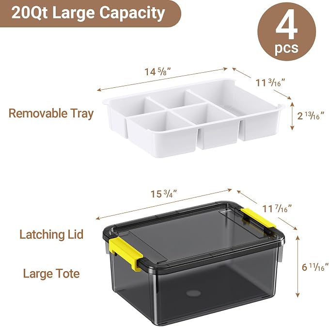 80Qt Stackable Storage Bins with Lids Trays Craft Box Organizers, 4Pack,GY | Clear Plastic Latching Boxes Organizers with Dividers Portable Containers for Arts & Crafts, Home Office Classroom Car Trunk - Image 2