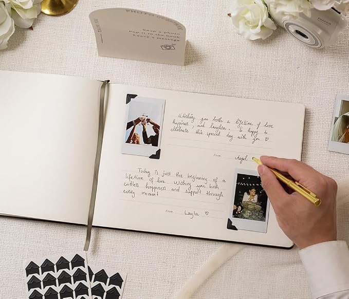 Velvet Photo Guest Book Set (Olive) - Photo Corner Stickers, Gold Pen, Sign | Green A4 Hardcover 11.5 x 8.5 Memory Book | Our Guestbook | Engagement Bridal Shower Wedding Ceremony Reception Keepsake - Image 5