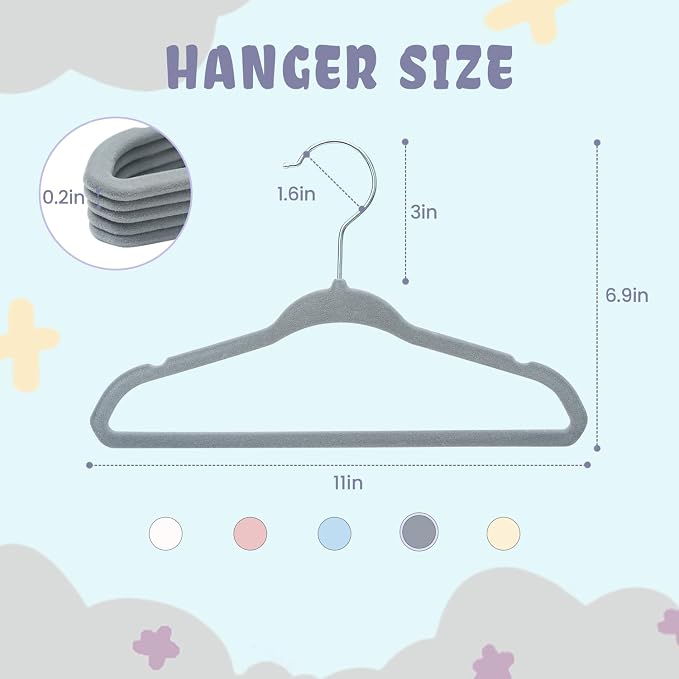 BAGAIL 50 Pack Kids Velvet Hangers 11 Inches Children's Clothes Hangers Non-Slip Baby Hangers for Infant/Toddler (Grey) - Image 2