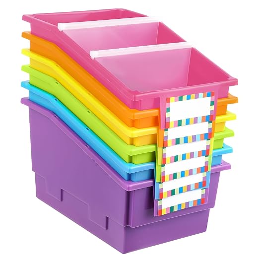 6 Pack Picture Book Bins with Dividers Plastic Book Holders with Labels Stackable Classroom Organization Bins Magazine File Binder Holder Storage Container for Library Home Office(Fluorescent Color) by gisgfim