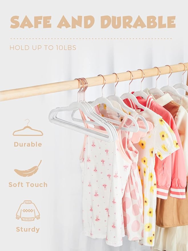 Kids Velvet Hangers 100 Pack, 14 Inch Non Slip Felt Hangers, White | Premium Kids Hangers for Closet Storage, Space Saving Toddler Clothes Hanger for Youth's Childrens' Clothes (Rose Gold Hook) - Image 6