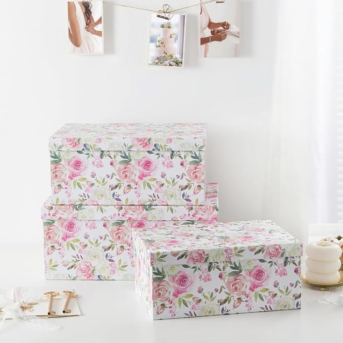 Soul & Lane - Summer Rose Decorative Storage Boxes with Lids, Set of 3 | Large Nesting Cardboard Keepsake Boxes for Photos and Gifts, Pink Vintage Rose Print Containers for Home Decor - Image 5