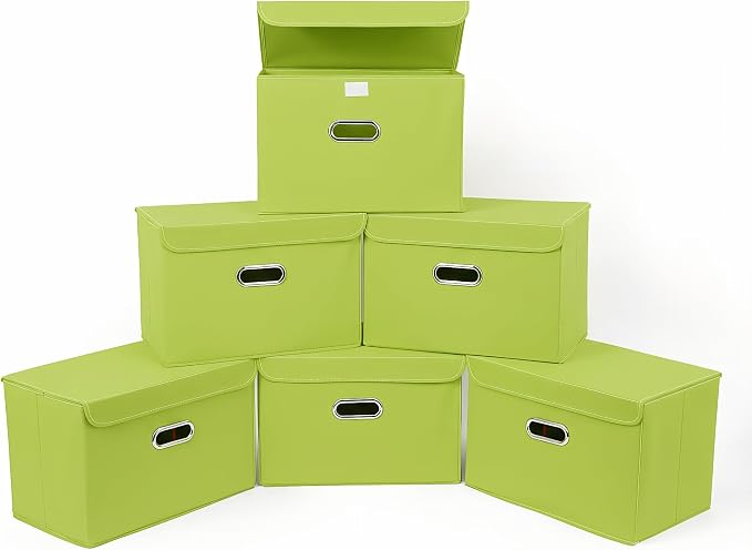 STOREONE Fabric Storage Cube Bins Foldable Organizer Container Collapsible Basket with Lids and Metal Handles, for Home, Bedroom, Closet 6 Pcs (multicolour-green) by STOREONE
