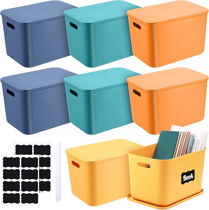 8 Pcs Plastic Storage Bins Stackable Baskets with Lid and Handle Colorful Desktop Storage Box Cubby Containers for Shelf Bedroom Office, Include 1 Erasable Marker, 16 Stickers (14 x 10 x 9 In) by Tanlade