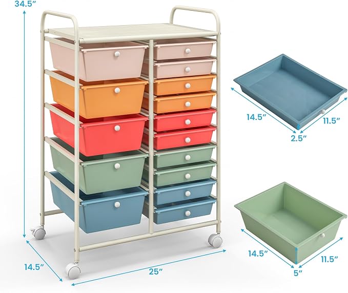 RELAX4LIFE 15-Drawer Storage Drawer Carts - Mobile Rolling Utility Cart w/Wheels, Craft Organizer for Classroom Organization and Storage, School, Office, Home, Storage Organizer Cart (Macaron) - Image 3