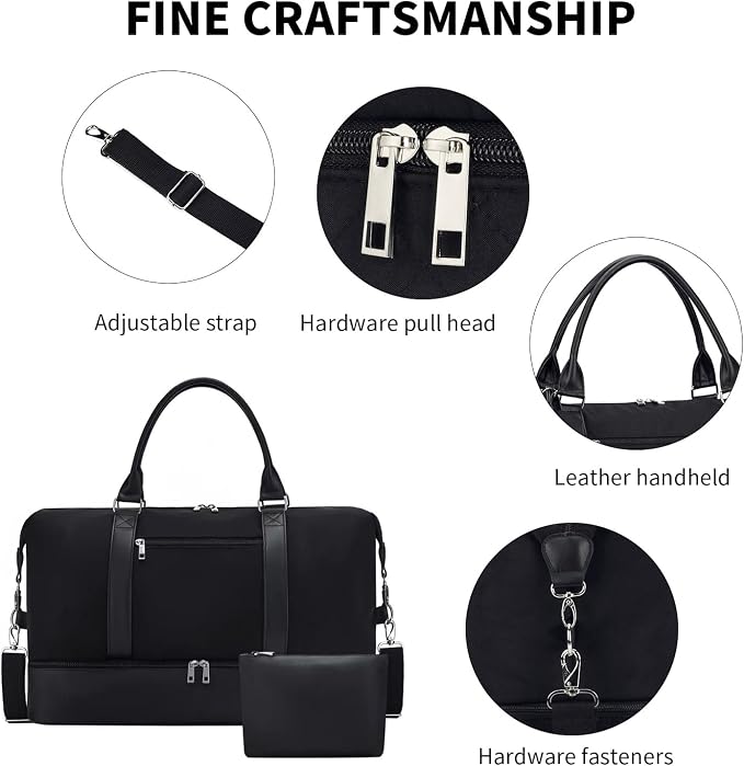 Oeihuivt Weekender Bags for Women - 21 Inch Large Travel Duffel Bag 2-Piece Set with Shoe Compartment, Heavy-Duty nylon & Leather Carry On Overnight Tote (Airplane Approved) - Image 7