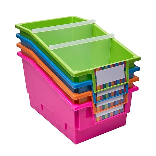 Really Good Stuff Chapter Book Classroom Library Bins with Dividers -4 Pack | 8.75" x 13.5" x 7.75", Neon, Large Plastic Bin Organizers for Book Organization, Documents, Files, Magazines - Image 4