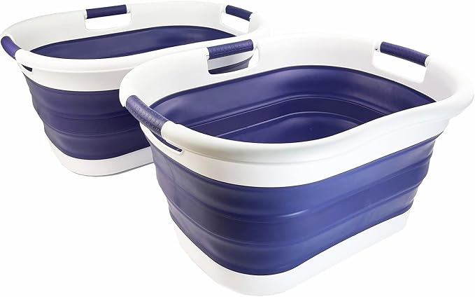 SAMMART Set of 2 Collapsible 3 handled Plastic Laundry Basket-Oval Tub/Basket-Foldable Storage Container/Organizer-Portable Washing Tub-Space Saving Laundry Hamper (40L Oval-White/Navy Blue) - Image 2