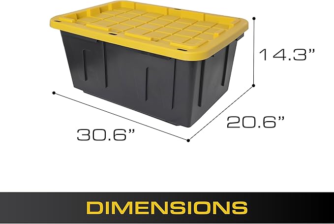 CX Heavy Duty 27-Gallon Stackable Plastic Storage Bins with Lids, 4 Pack | Storage totes for garage organization, Stackable containers, weather-resistant, snap lid, 14.3H x 20.6W x 30.6D, Black/Yellow - Image 3