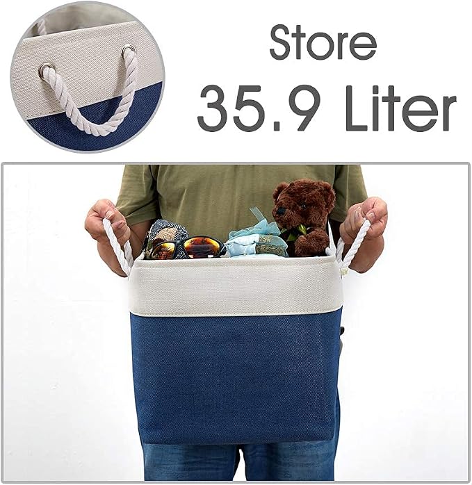 DECOMOMO Cube Storage Bin 13x13 with rope handles, Kallax Storage Cubes | 3 Pack, Fabric Storage Bins for Organizing Clothes, Toys, Books (Navy Blue & White) - Image 3