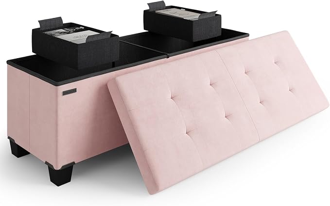 Storage Ottoman Bench with Bins, 43-in Storage Bench for Bedroom End of Bed, Folding Foot Rest Ottoman for Living Room Max 660lbs, Velvet Ottomans, Pink by STORAGEBUD