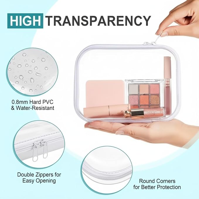 Sanwuta 6 Clear Hard Zipper Case,White,7.09 X 5.12 X 2 Inch | Pencil Case Pouches ,Makeup Bag,Plastic Toiletry Diaper Bag ,Travel Toy Storage,Waterproof Organizer Bins - Image 3